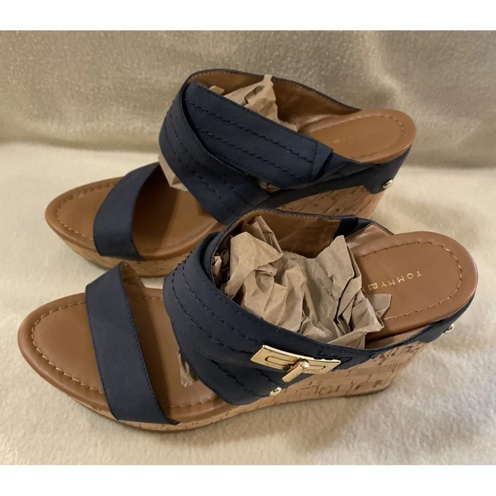 Tommy Hilfiger Women's Size 10 Blue Strappy Cork Wedge Sandals Platform Buckle